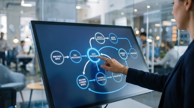 Woman interacting with large touchscreen displaying machine learning process diagram including raw data input, preprocessing, training, validation and feedback loop for AI model