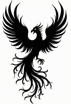 Black phoenix rises with wings spread wide in majestic silhouette