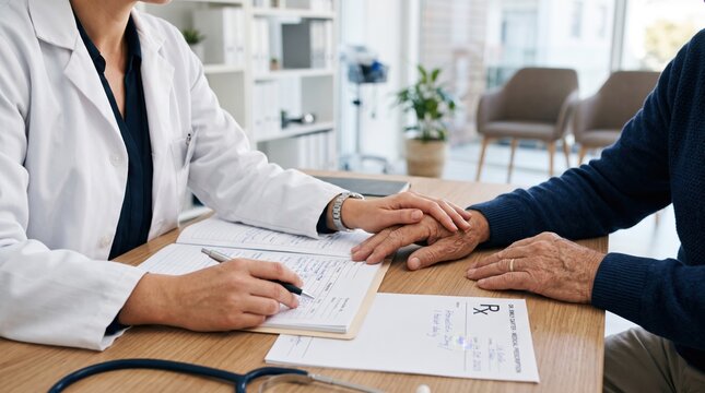Doctor consulting with elderly patient, medical care, healthcare service, prescription writing, hospital clinic, senior health checkup, doctor patient relationship, trust, support