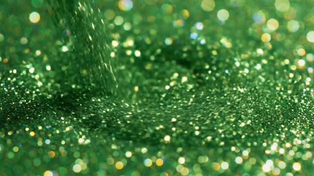Emerald Green Glitter Pouring Creating Sparkling Texture Background