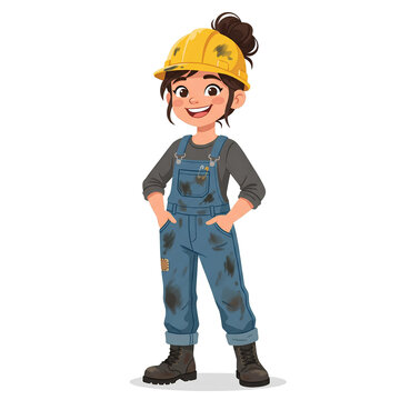 Cartoon female construction worker in blue overalls.