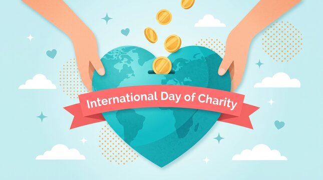 Hands depositing gold coins into a heart shaped world globe for the international day of charity celebration vector illustration design