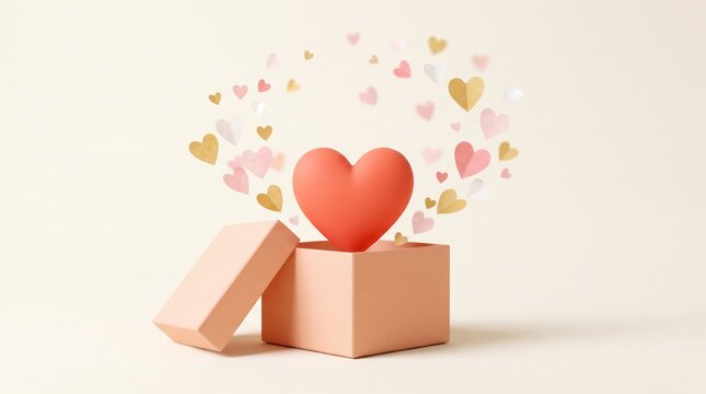 Red heart floating from open peach colored gift box surrounded by small paper hearts against a soft pastel background