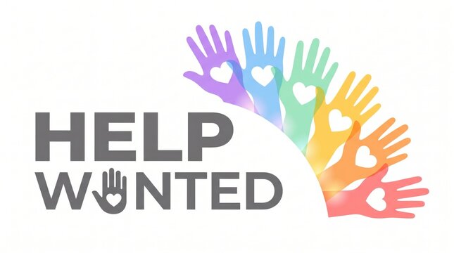 Vibrant colorful overlapping hands forming a circular arc with white heart silhouettes above large bold grey help wanted text letters