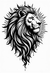 Obraz premium Lion head with flowing mane and sunburst design in bold black and white tattoo style