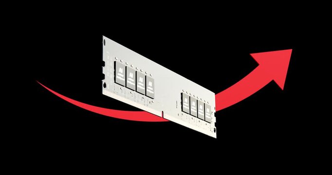 Black artificial intelligence computer ram floating with rising red arrow for hardware price inflation