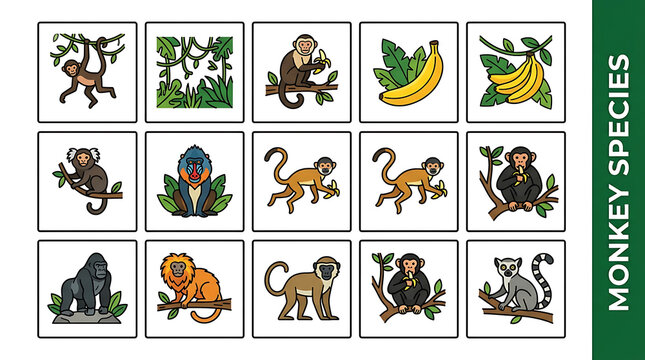 Pixel Art Collection of Various Monkey Species and Tropical Forest Elements