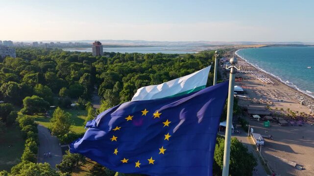 European and Bulgarian flags above landscaped coastal paths