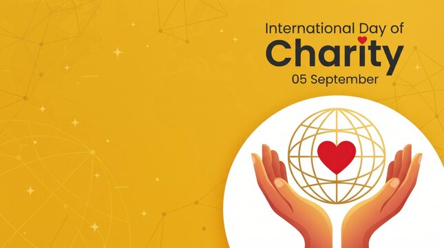 International day of charity graphic design featuring open hands holding a golden globe with a red heart on yellow background