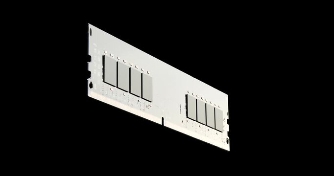 Modern black computer memory ram module floating and spinning smoothly in dark space