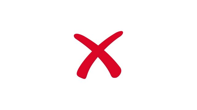 Red cross mark icon animation 4K video. Attention, no, decline, red, stop, warning, paintbrush, error, cancel, and an animated red x on a dark background
