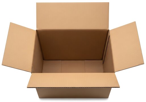 Empty cardboard box with open flaps ready for packing or shipping