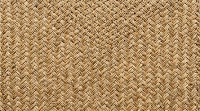 A close-up image showcases a textured woven mat. The mat exhibits a dense, intricate pattern of interwoven strands, primarily in shades of beige and light brown.