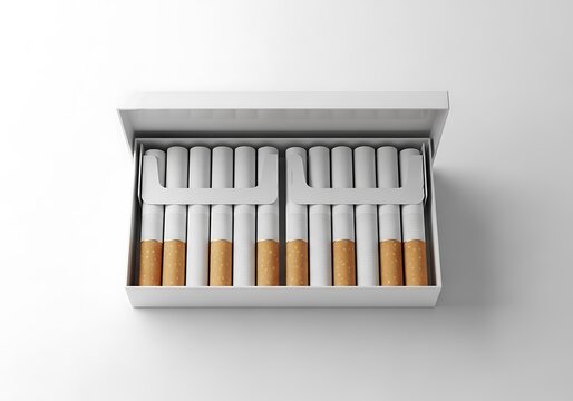 Open pack of cigarettes displayed neatly inside a white box on a flat surface.