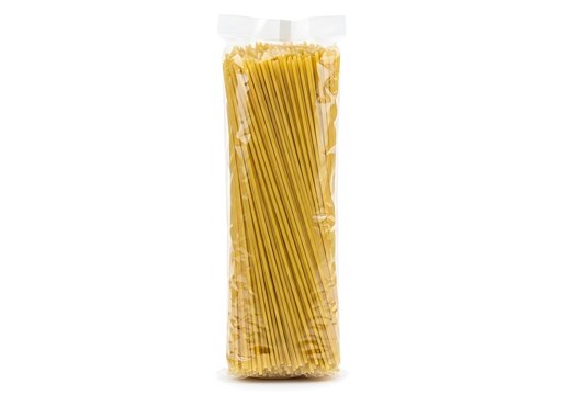 Packaged bundle of dried spaghetti noodles in clear plastic wrap