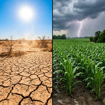 Split screen showing drought land and lush green crops.