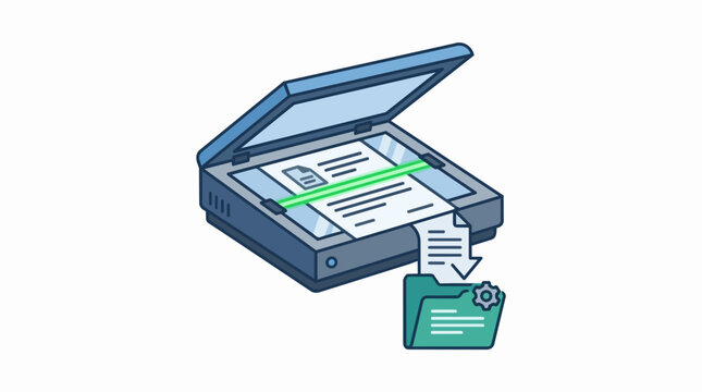 Professional Flatbed Document Scanner Machine Digitizing Paper Files to Secure Digital Folder Storage