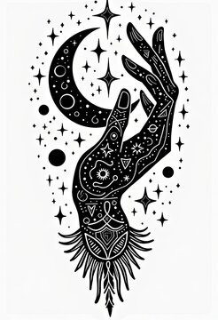 Hand reaching toward crescent moon surrounded by stars and celestial symbols