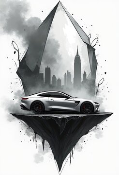 Silver sports car floats on floating island above city skyline