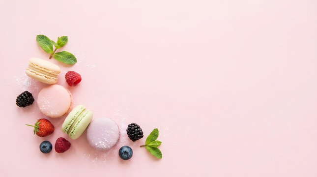Sweet bakery background with colorful macarons berries and mint leaves banner