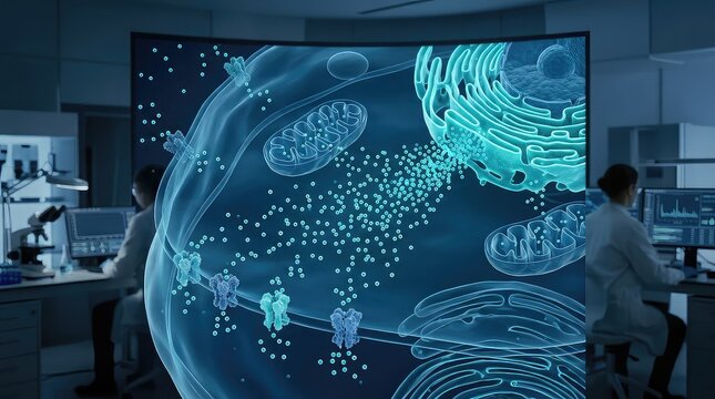 High-detail biomedical 3D visualization showing thousands of tiny calcium ions moving through a biological cell during intracellular signaling, membrane channels visibly releasing particles 