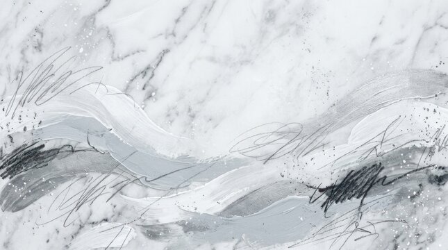 An abstract painting features a marbled surface with swirling gray and white tones. Dark gray lines and scribbles are overlaid on the surface, creating a dynamic and textured effect.