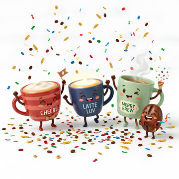 Cute cartoon coffee mugs celebrating with confetti and bean.