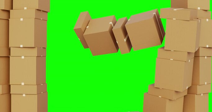 Green screen transition of falling cardboard box stack creating empty center space for logistics delivery concept