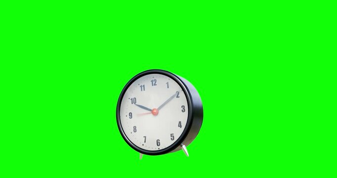 Surreal green screen mockup of 3D desk clock floating and spinning with moving hands
