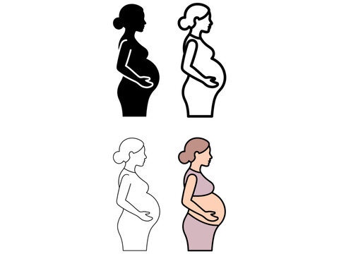 Pregnancy and maternity icon set featuring pregnant woman silhouette symbols in three different styles for pregnancy stages, maternal wellness, fetal development, prenatal healthcare, childbirth prepa