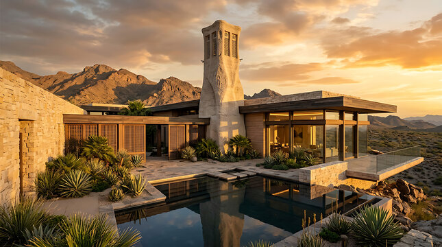 Luxury desert villa with traditional wind tower and infinity pool at sunset