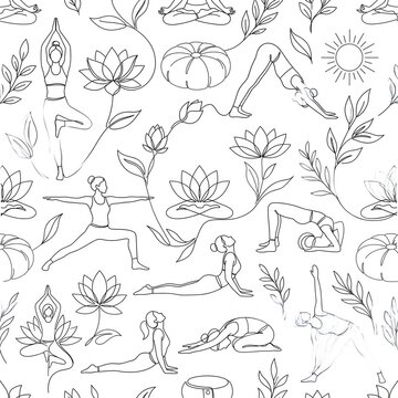 Elegant black and white seamless yoga pose pattern for fitness design backgrounds