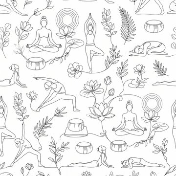 Minimalist yoga silhouette seamless pattern in black and white vector art for wellness design