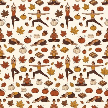 Autumn yoga pattern seamless background with diverse silhouettes in meditative and active poses on warm leaf textures