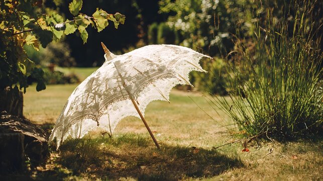 Elegant vintage white lace parasol resting gracefully within a sunlit lush green summer garden setting with verdant garden surrounded foliage