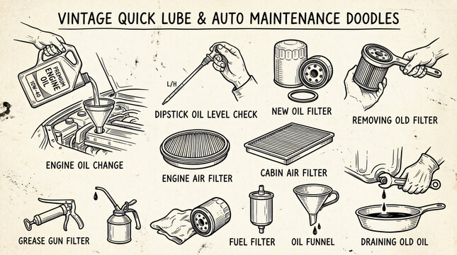 Set of playful hand drawn car oil change illustrations. Doodle drawings of oil filters, engine oil jugs, dipsticks, air filters, cabin filters, and oil droplets. Clean line art in retro style, isolate