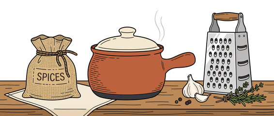 Cooking ingredients with pot, spices, garlic, and grater