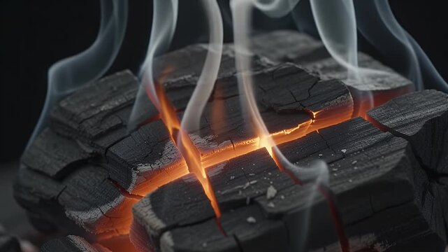 Cinematic 4K Slow Motion of Glowing Charcoal Embers Burning with Sparks and Smoke in a Spooky Dark Background