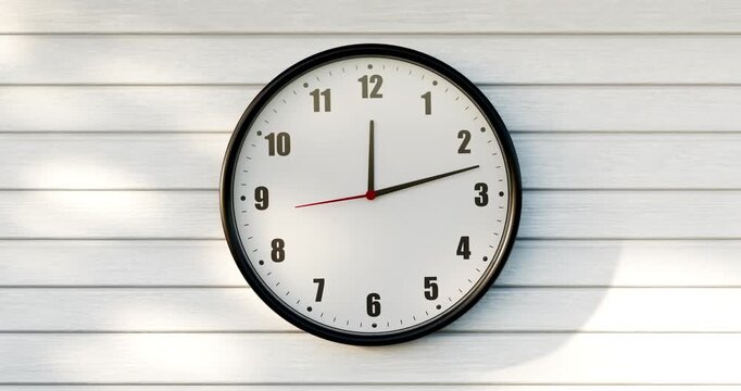 Wall clock on wooden outdoor panel with moving sun shadow and spinning hands showing passing daytime