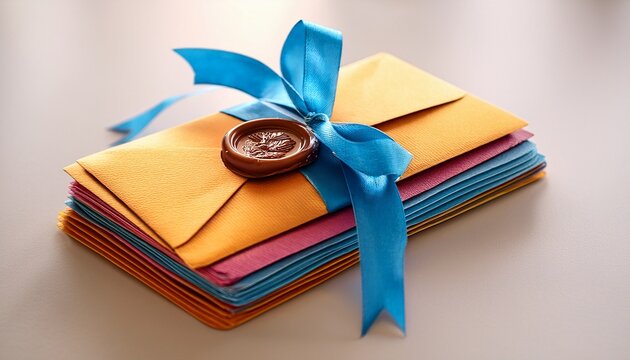 decorative stack of colorful envelopes featuring cute wax seals and blue ribbons in graphic design