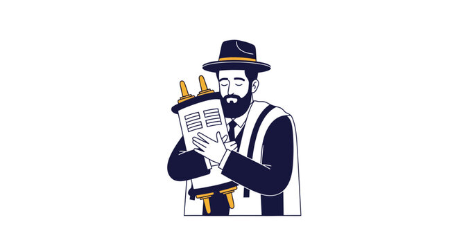 Jewish Orthodox Man Holding and Hugging Torah Scroll Vector Illustration for Simchat Torah Celebration Concept Isolated on White Background
