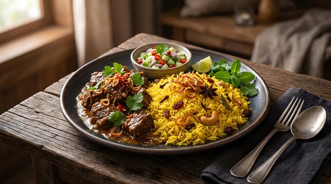 Ultimate Thai Rice Bowl Experience Gourmet Indian Biryani with Spiced Beef and Flavorful Rice in Rustic Home Setting