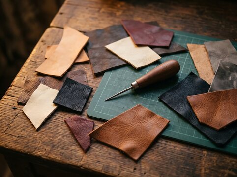 Leather Patch Scraps in Various Colors with Awl
