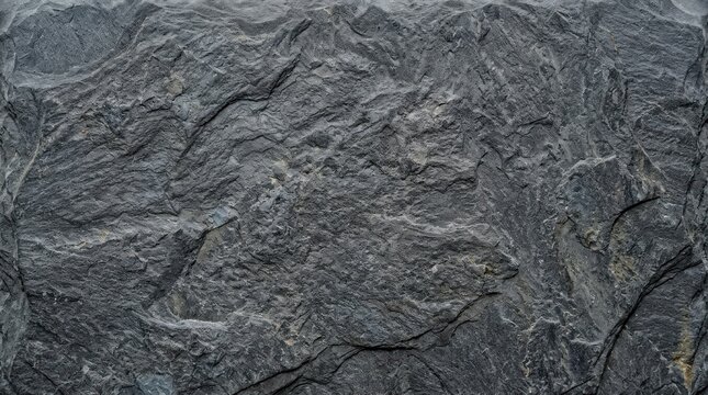 A close-up image of a dark gray, textured rock surface. The rock exhibits a rough, uneven pattern with deep crevices and folds.