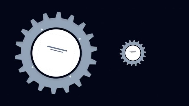 Two grey gears, one large and one small, rotating on a dark background, symbolizing machinery and interconnected processes.