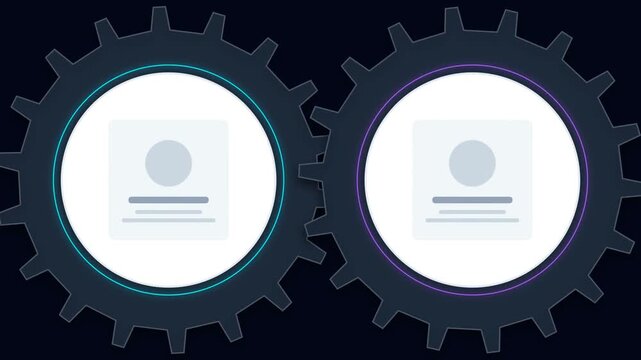 Interlocking gears with profile icons and data, representing digital processes and collaboration.