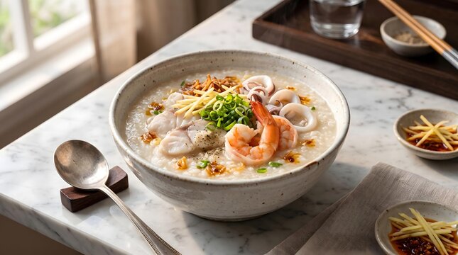 Ultimate Thai Rice Bowl Experience Gourmet Seafood Congee with Shrimp and Squid in Rustic Bowl on Marble Table Setting with Natural Lighting