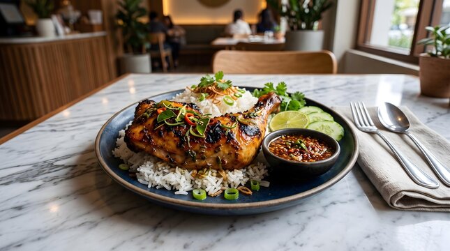 Ultimate Thai Rice Bowl Experience Gourmet Grilled Chicken with Rice, Lime, and Chili Sauce in Cozy Restaurant Ambiance for Authentic Thai Cuisine Experience