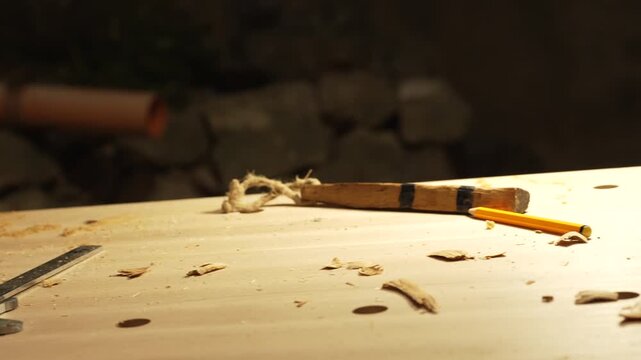 The master crafts traditional wooden string instruments by hand. The traditional musical instrument is the Calabrian lyre. The master works in the cozy light of his workbench.