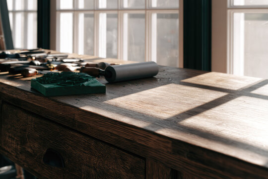 Linocut printmaking tools rest on wooden workbench beside carved block, with sunlight and window shadows creating calm tactile studio scene with empty space